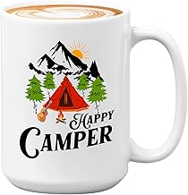 Bubble hugs adventurer coffee mug 15oz white - happy camper - camping lover mountain hiker forest outdoor activity tent jo...